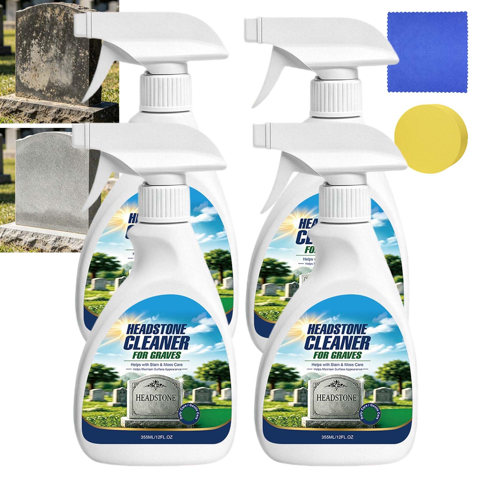 New Headstone Restoration Reinigung Spray Set, Granit Marmor Friedhof Memorials Entfernt Flecken Spray, Tombstone Cleaning Solution Entfernen Sie Schmutz Tiefenreinigung, Monument Cleaning (4Stück)