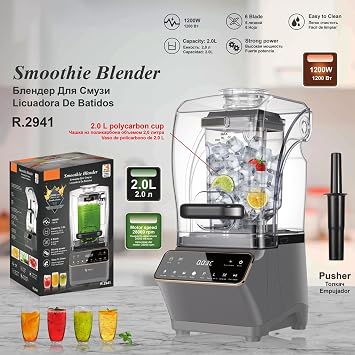 2L Multi-Function Blender, 1200W Electric slush machine with 5 Presets & 6-Leaf Knife and Gear Adjustment Function, Commercial Stand Juice Mixer for Smoothies Shakes Juices Home