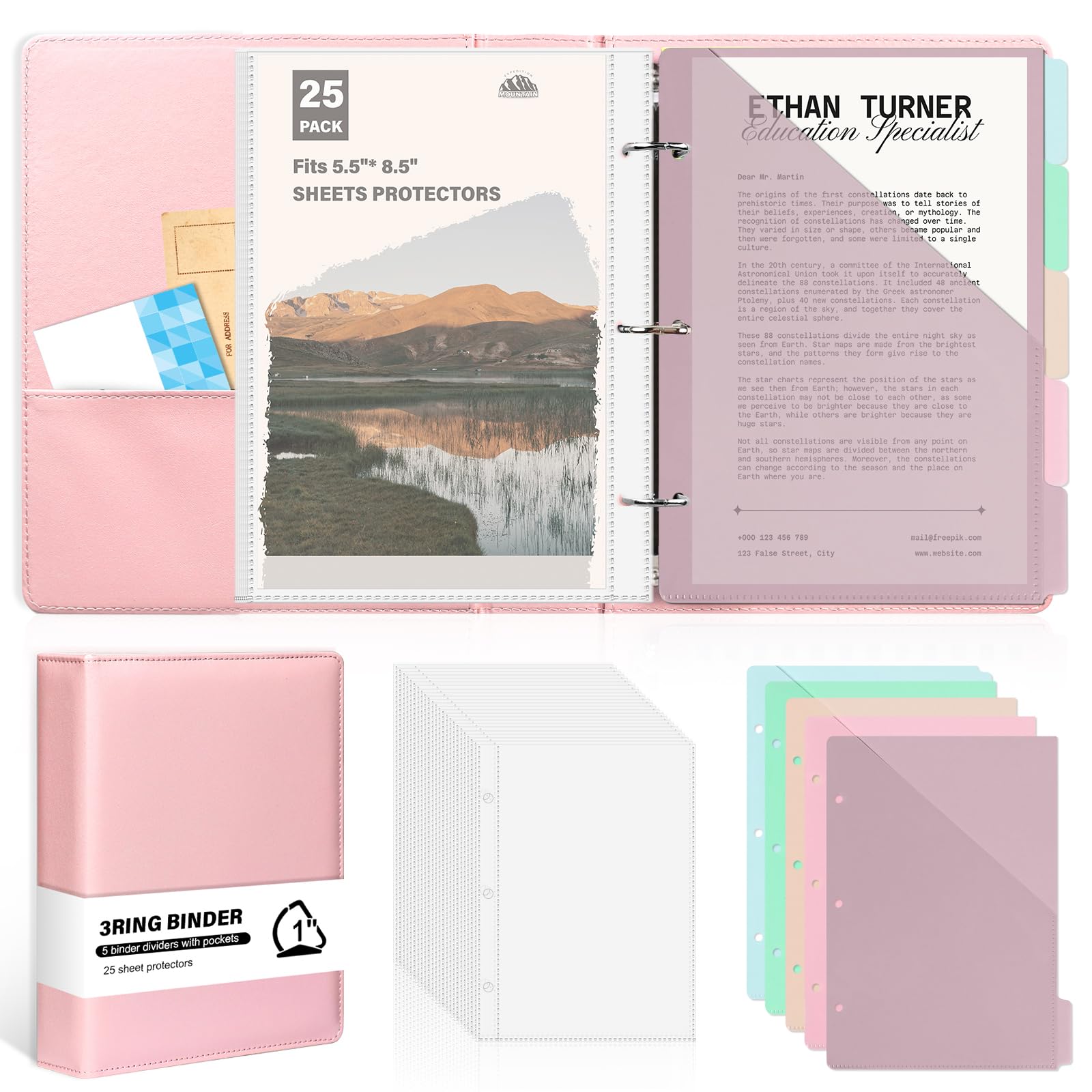 Photo 1 of ?Half Size?Pu Leather Mini 3 Ring Binder with 5-Tabs Pocket Dividers & 25 Sheet Protectors 5.5 x 8.5 Professional Organizer Cute Organizer Binders 1" D Rings for Small Binder Paper School Office(Pink)
