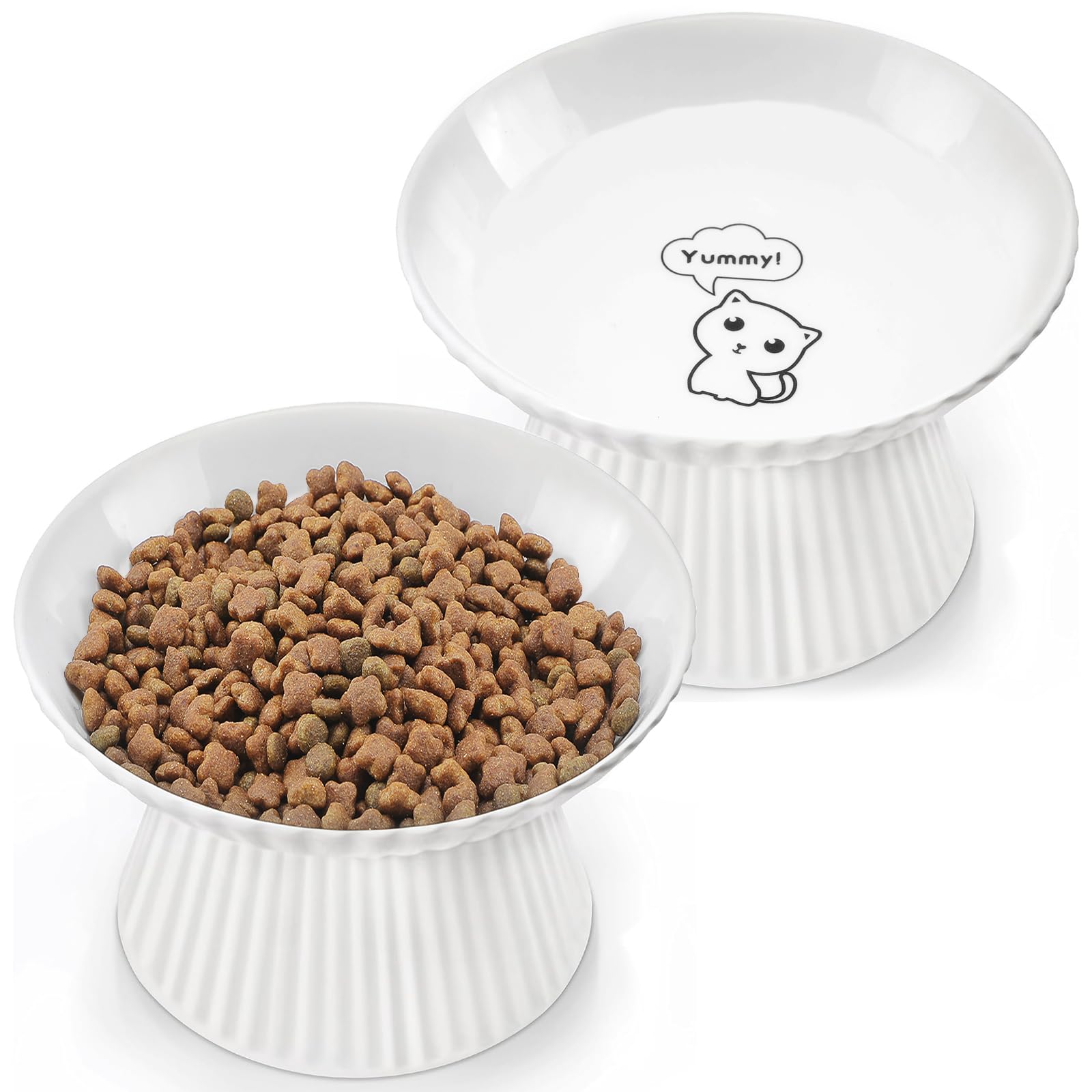 Upgraded 2 Ceramic Elevated Cat Bowls 6.5'' Extra Wide Raised Cat Food Bowls for Food and Water, Anti Vomiting, Cat Dishes for Indoor Cats, Whisker
