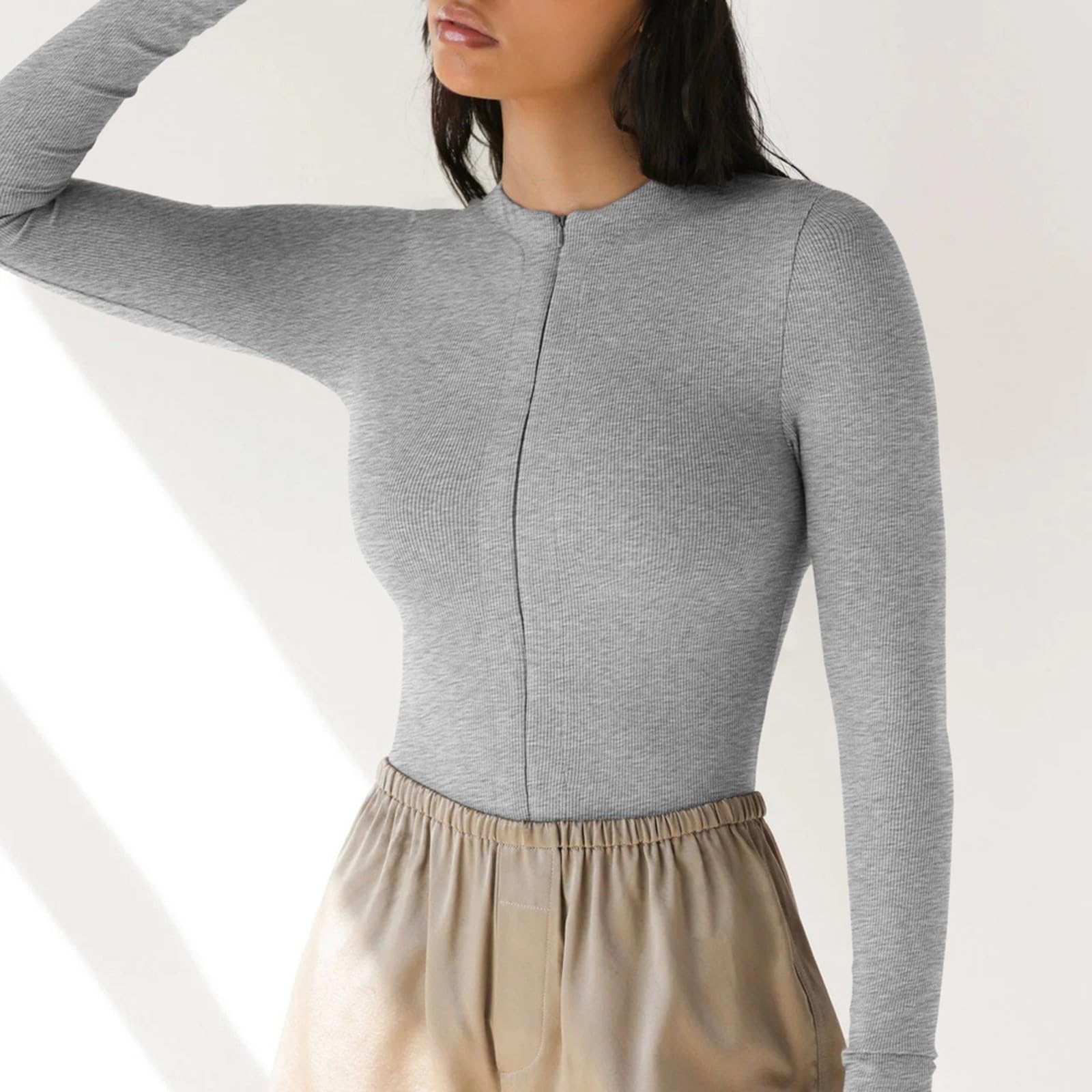 Generisch Body sexy para mujer, body de manga larga para mujer, body moldeador ajustado, altura elástica, sexy, traje regional de manga larga, tops para el tiempo libre, cómodo, festival, gris, L