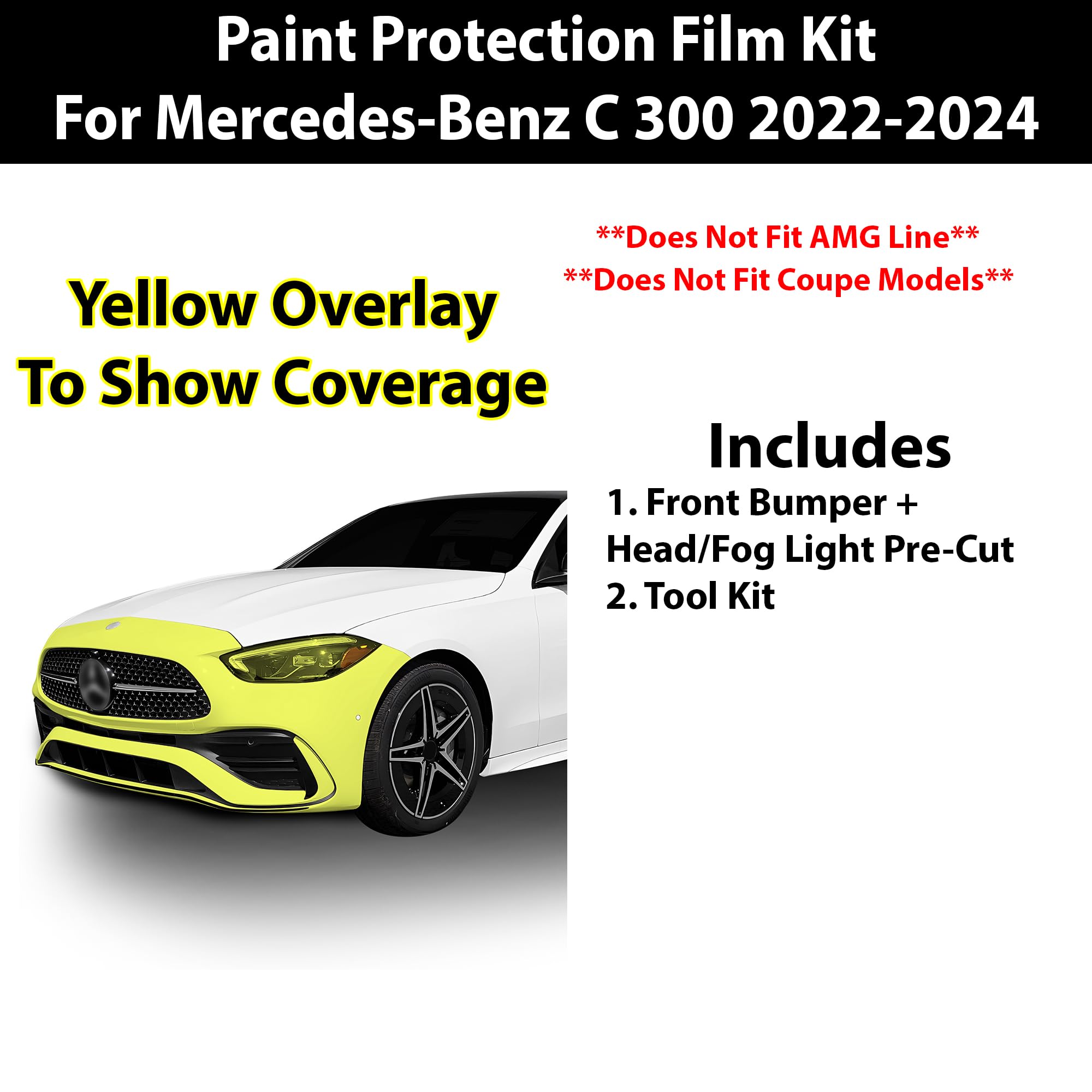 BOGAR TECH DESIGNS Front Bumper Paint Protection PPF Film Kit Cover Compatible with Mercedes Benz C Class Sedan C300 2022-2024, Clear Bra