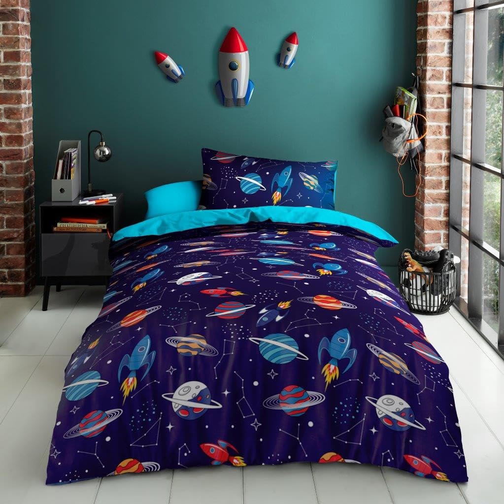 Lions Boys Bedding Set - 100% Microfibre Polyester, Kids Space Galaxy Duvet Cover Set Single Szie with Matching Pillowcase, Reversible Printed Quilt Covers, Easy Care, Blue, 137x200cm