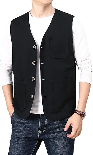 Vista 4 de PRIJOUHE Chaleco casual de algodón para hombre, ligero, transpirable, con múltiples bolsillos, para pesca, safari, viajes, para exteriores