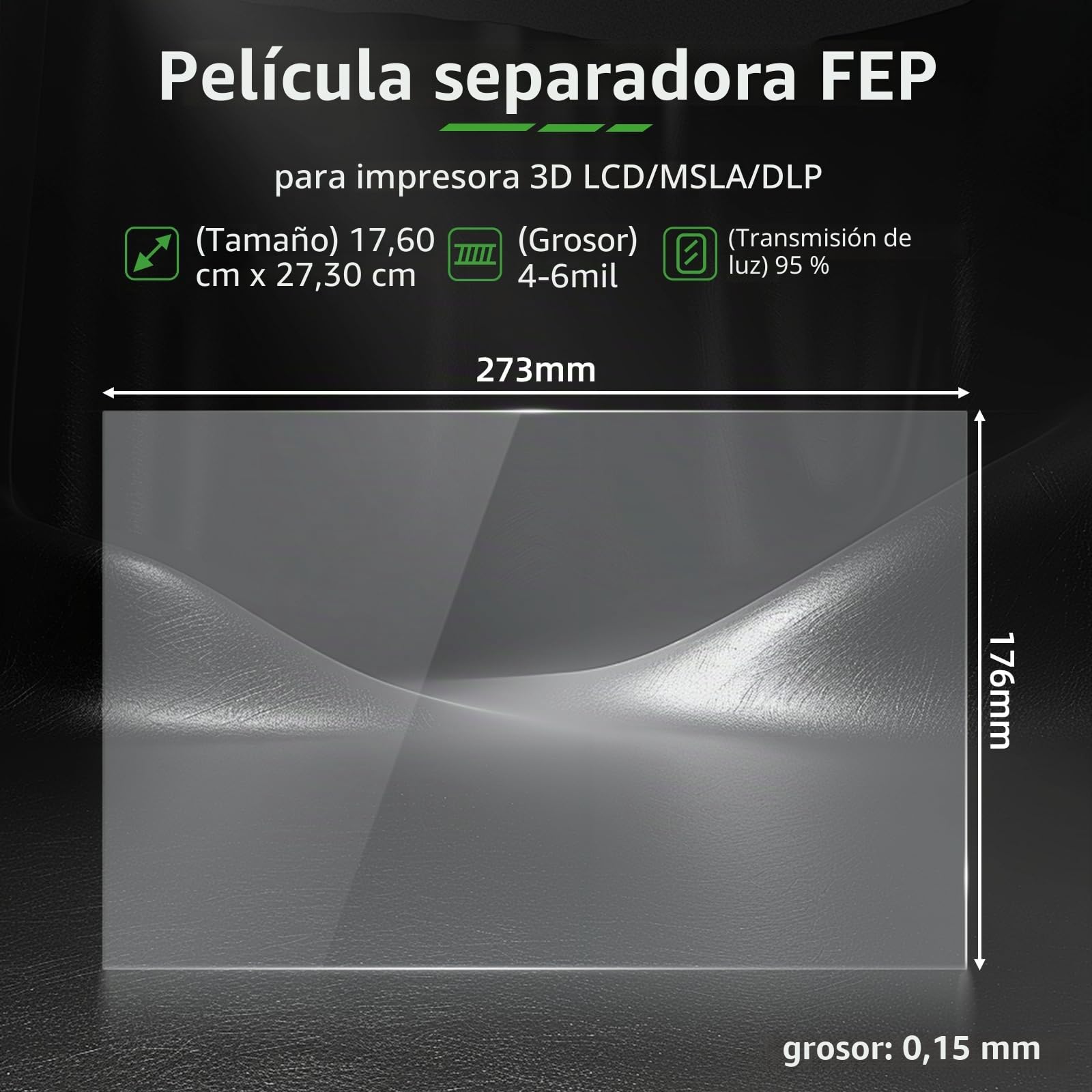 5 PCS Saturn 4 Ultra FEP Release Liner Film 273x176x0.15mm, 95% Transmitancia de Luz FEP Compatible with Elegoo Saturn 2/3/4/4 Ultra LCD MSLA DLP Resin Impresoras 3D