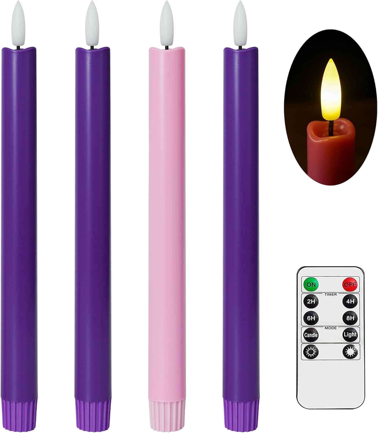 Stmarry Flameless Advent Candles, Set of 4 - Flickering LED Flame, 10 Inch Taper Candlesticks, Remote Controlled, Purple and Pink Color for Christmas Wreath