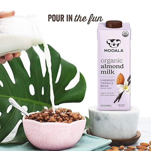 Vista 4 de Mooala – Leche de almendras orgánica en grano de vainilla, sin azúcar, 1 litro (paquete de 6) – Bebida estable en estantes, no lácteos, sin gluten