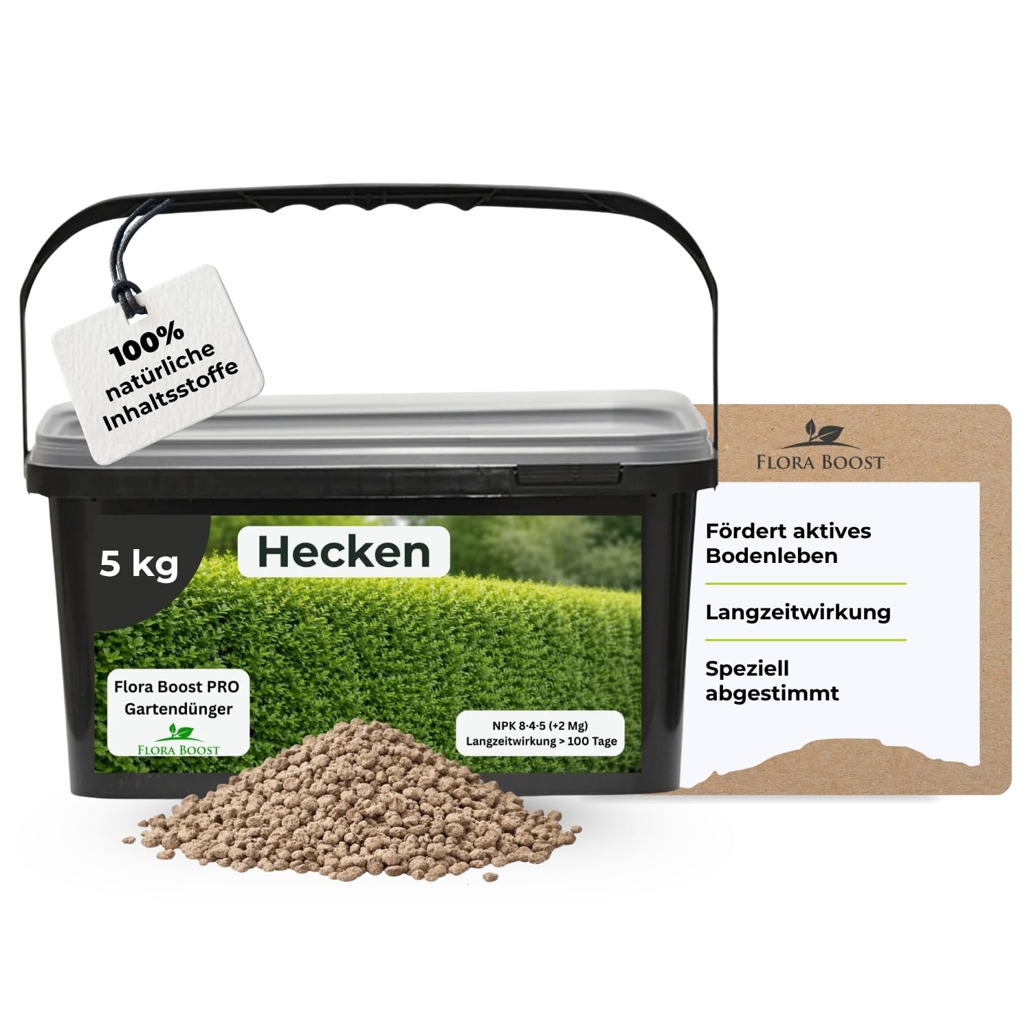 Flora Boost PRO Hecken Dünger 5 kg I Langzeitdünger NPK 8-4-5 für Thuja, Liguster, Hainbuche & Kirschlorbeer I Granulat für dichte Hecken, kräftiges Wachstum & gesunde Pflanzen