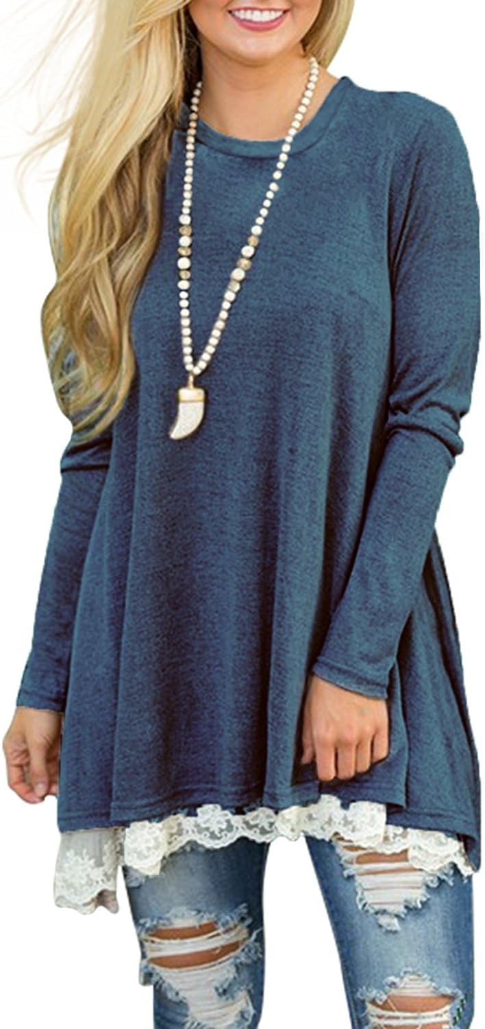 WEKILI Women's Tops Long Sleeve Lace Scoop Neck A-line Tunic Blouse - Image 2