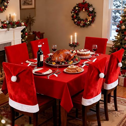 Miniatura 6 de VADOO Fundas para sillas de Navidad, 4 fundas para sillas de comedor con sombrero de Papá Noel, fundas para respaldo de silla de Navidad con 4