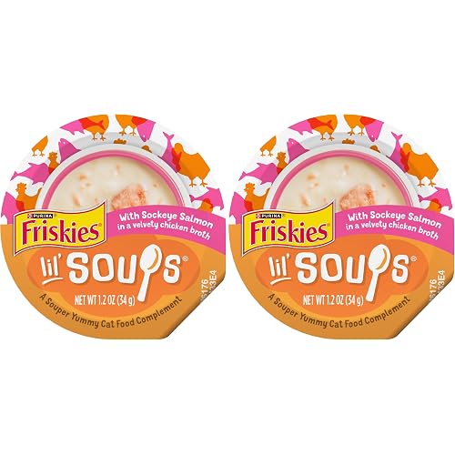 Friskies Purina Grain Free Lickable Cat Food Toppers Lil’ Soups with Sockeye Salmon in Chicken Broth - 1.2 oz. Cups,(Pack of 16)