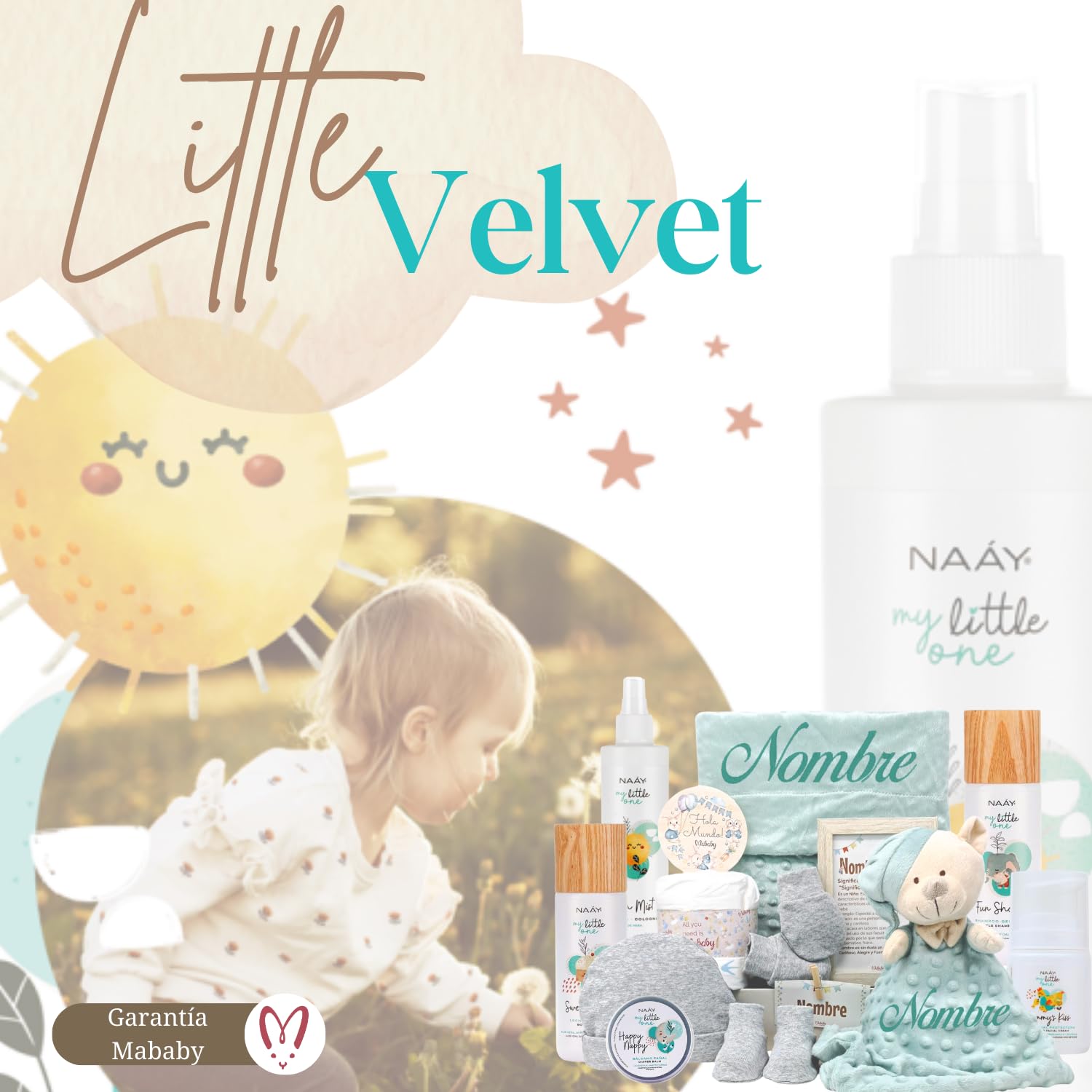 Cesta de Bebé Personalizada My Little Velvet (Maquillaje) | Cesta bebé personalizada con cosmética natural, dou dou bordado, mini pastel de pañales y marco con significado del nombre