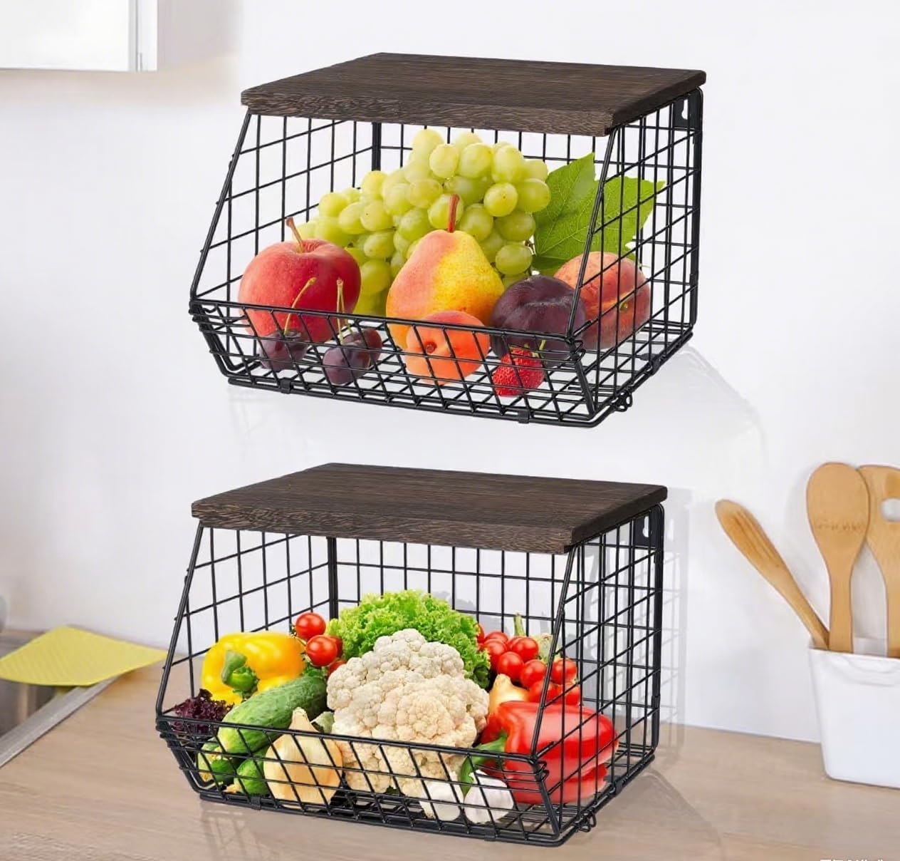Cesto per la frutta, fruttiera sospesa, cestini da cucina sospesi, cestini da cucina, contenitori da parete, impilabili, con coperchio in legno e viti, per conservare verdura, frutta e snack, nero
