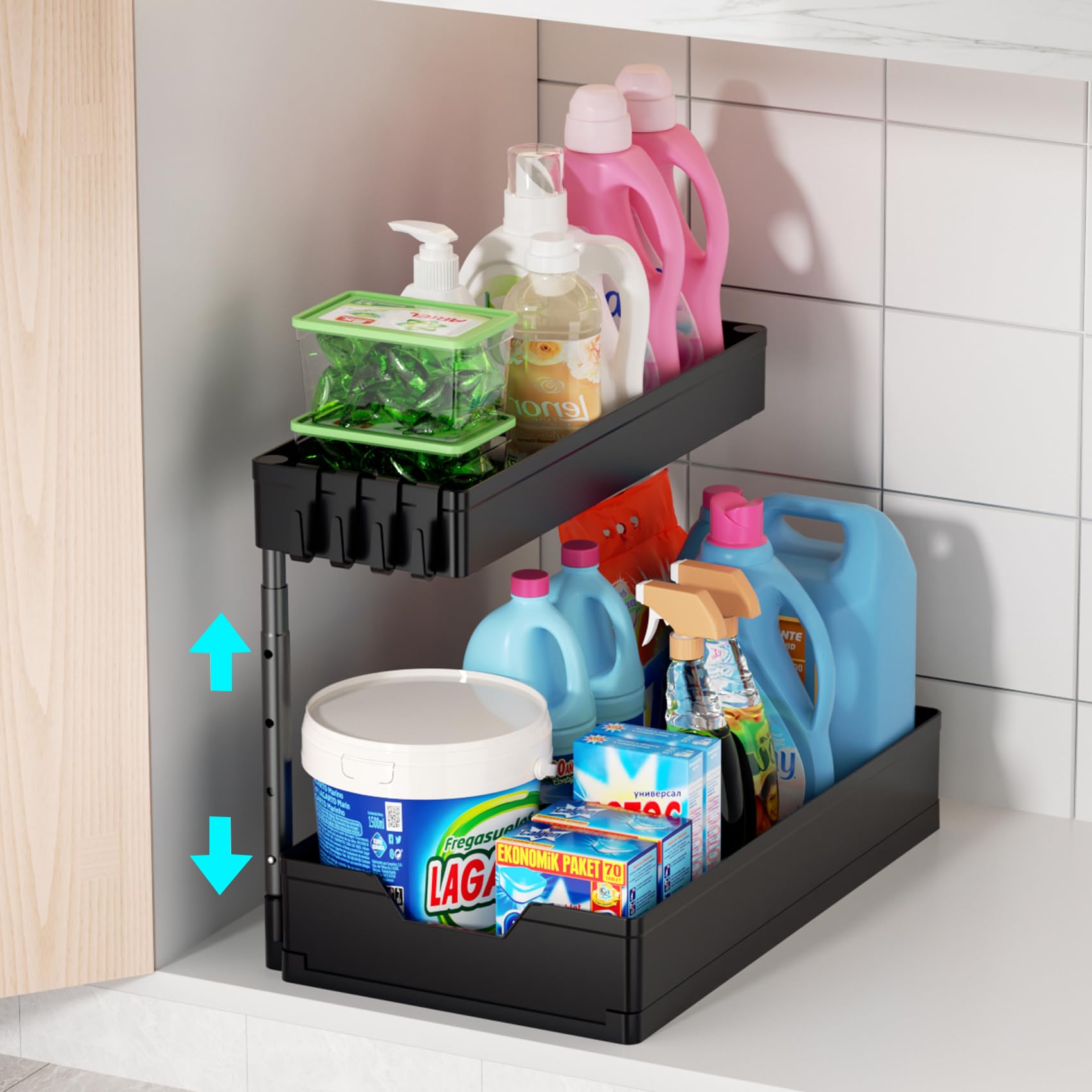 Under Sink Storage Kitchen Organiser, 2 Tier Height Adjustable Under Sink Organiser Shelf with 4 Hooks Multi-Purpose Under Cabinet Storage Rack with Slide Out Drawer