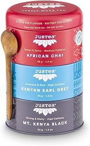 JusTea BLACK TEA TRIO | 3 Flavour Tin Variety Pack with Hand Carved Tea Spoon| 45+ Cups of Loose Leaf Tea | High Caffeine | Award-Winning | Fair Trade | Non-GMO