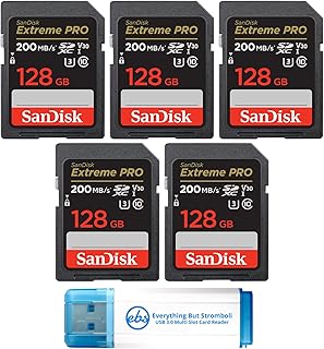 SanDisk 128GB SD Extreme Pro Memory Card (Five Pack) Works with Digital DSLR Camera 4K V30 UHS-I Class 10 (SDSDXXD-128G-GN4IN) Bundle with 1 Everything But Stromboli 3.0 Micro & SD Card Reader