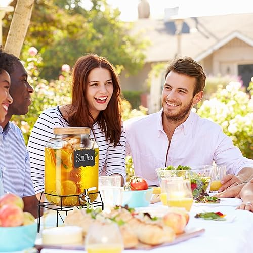 Miniatura 5 de Dispensadores de bebidas de 2 galones con soporte, dispensador de bebidas de vidrio con grifo de acero inoxidable y tapa de bambú, dispensador de