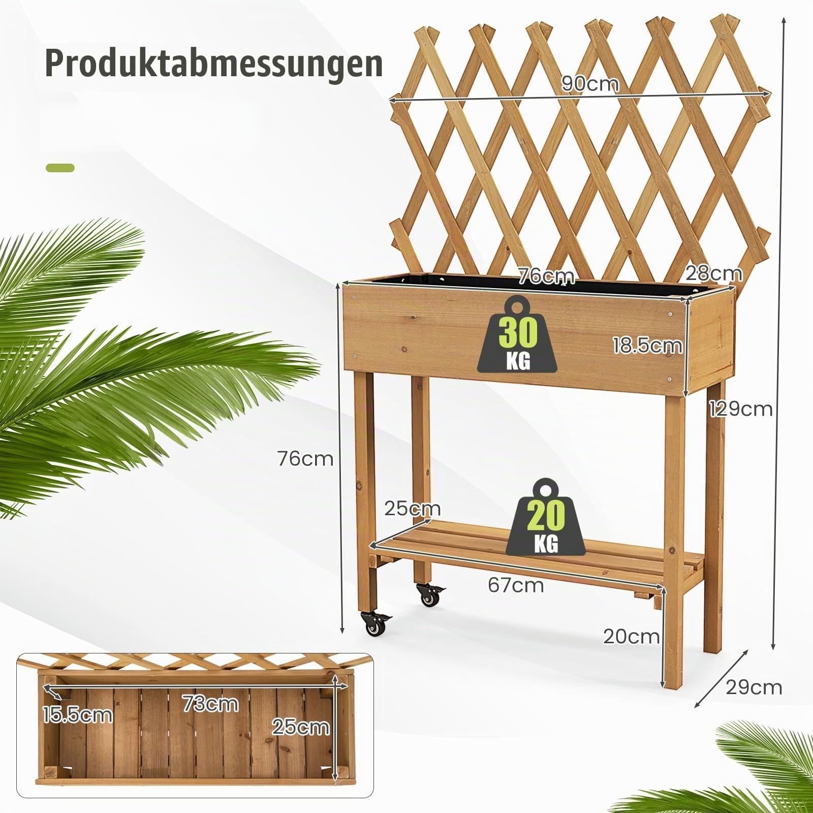 RELAX4LIFE Rollbares Hochbeet mit Rankgitter, Blumenkasten mit Ablage, Pflanzkübel mit Rollen, Pflanzkasten aus Massivholz, Kräuterbeet für Garten Terrasse Balkon, 90 x 29 x 129 cm, Natur