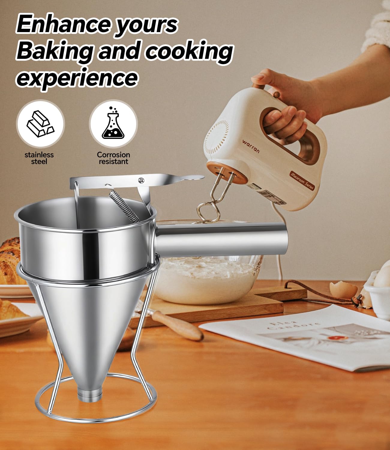 Imbuto Cucina, 600ml Imbuto per Pasticceria da Cucina in Acciaio Inox, Dosatore per Impasti con Supporto e 4 beccucci in silicone per Torte, Frittelle, Dessert, Waffle, Muffin