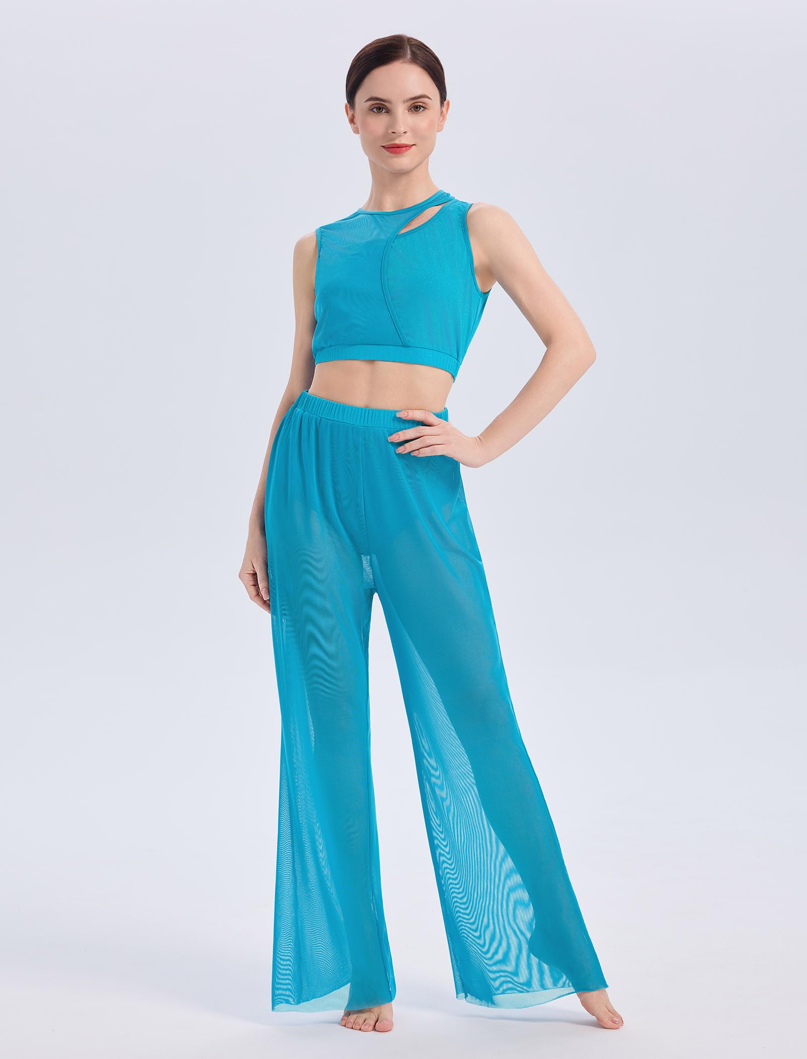 FYMNSI Costume da danza da donna, con top corto senza maniche e pantaloni a gamba larga, per performance sul palco