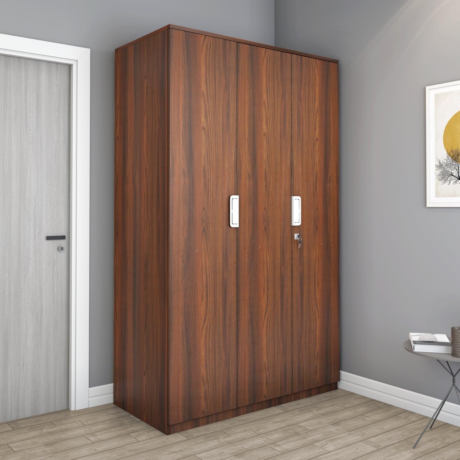 Nilkamal Joyce Neo 3 Door Wooden Wardrobe for Bedroom | Almirah with 8 Shelves | Clothes Cupboard | Engineered Wood | Walnut