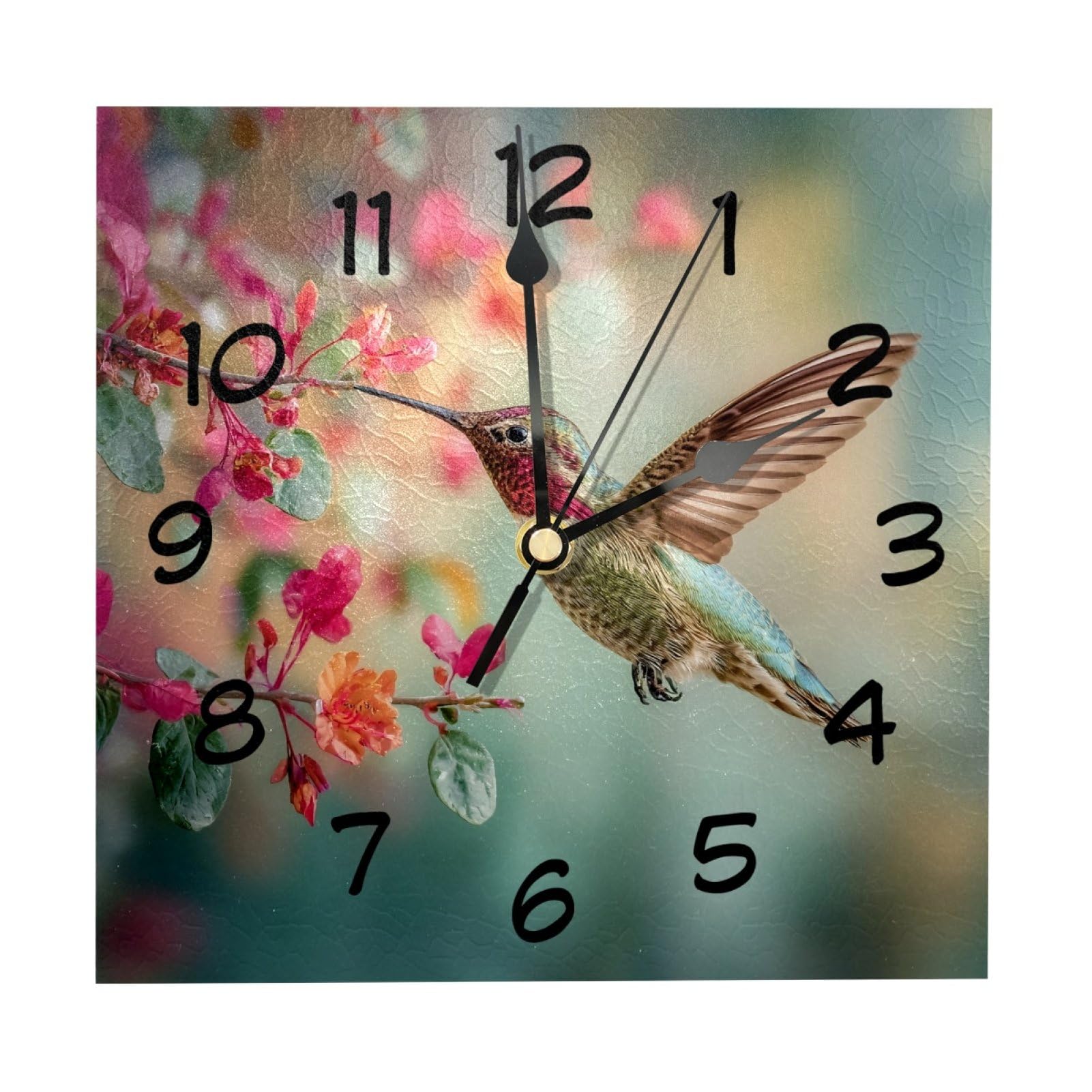 etoenbrc 8 Inch Square Wall Clock Silent Non-Ticking Hummingbird and Flowers Clock Battery Operated, Wooden Clock Decorative for Kitchen, Living Room Bedroom Office