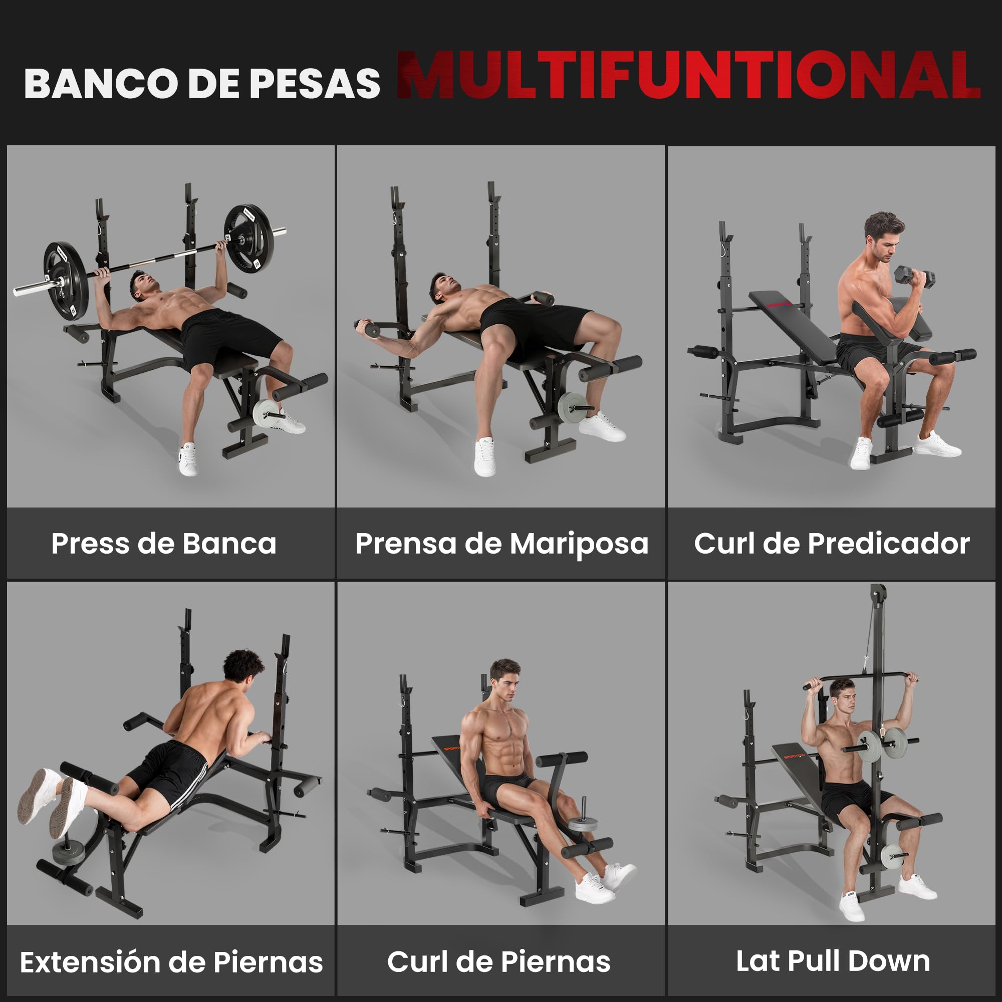 SPORTNOW Banco de Musculación Multifuncional Inclinable, Banco de Pesas, Press Banca con Soporte para Barra Ajustable, Extensión Piernas, Curl de Predicador, Mariposa, Entrenamiento en Casa, Gimnasio