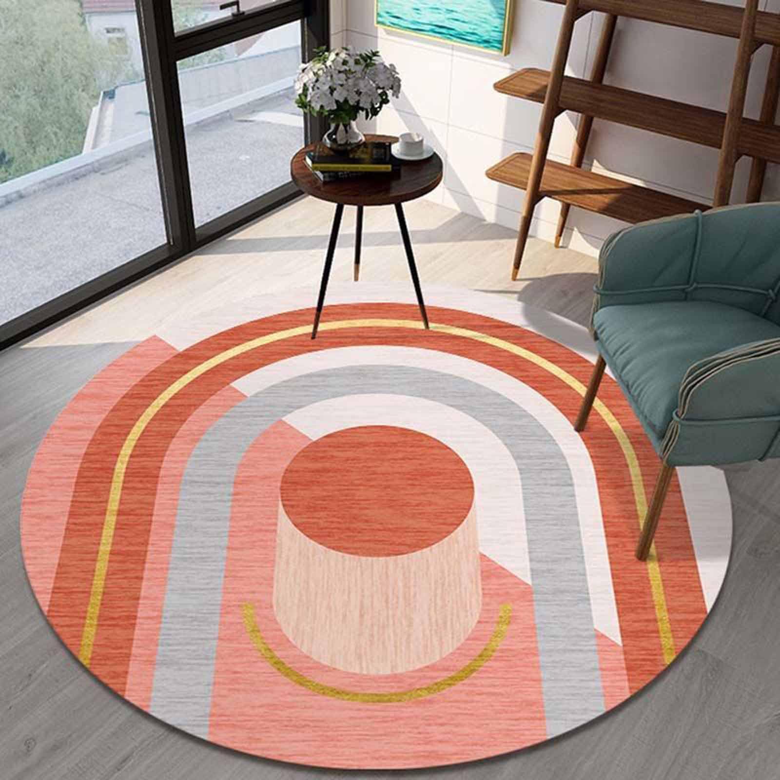 Tapis salon orange blanc or moderne et grand tapis rond pour chambre