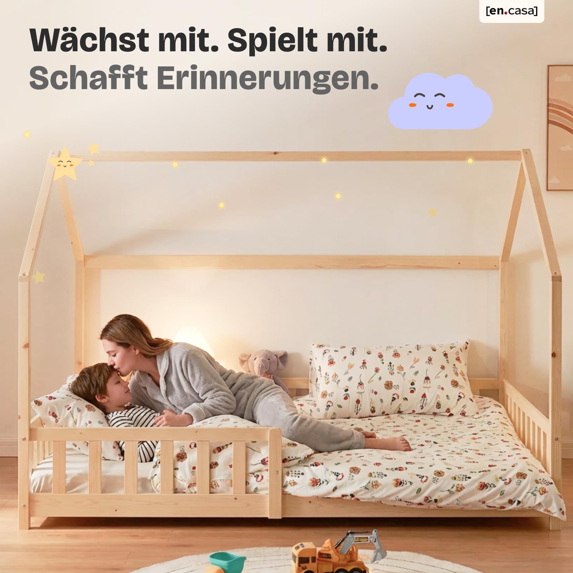 [en.casa] Kinderbett Hesel Hausbett Holzoptik 140 x 200 cm mit Rausfallschutz und Lattenrost Montessori Bodenbett Jugendbett Holzbett