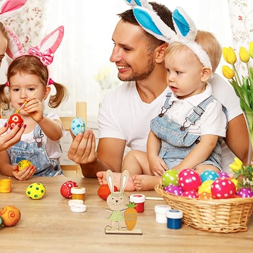 Miniatura 9 de Xuyuan Easter Wooden Table Centerpieces Rabbit with EggCarrot Tabletop Centerpiece Cute Rabbit Sign Spring Decorations for Home Office Cafe Shop