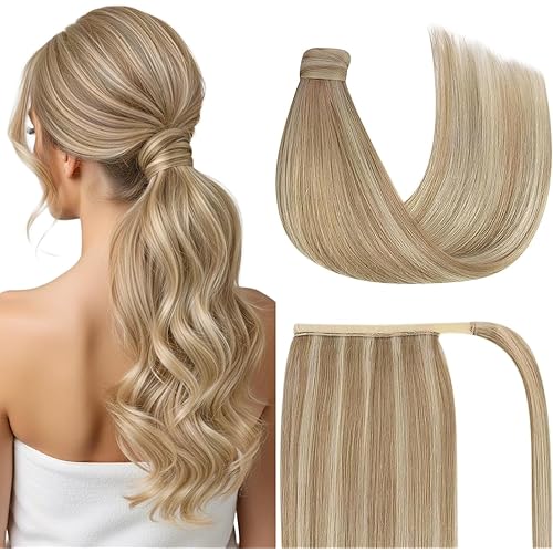 Ve Sunny Blonde Ponytail Extension Human Hair 80g Wrap Around Clip in Ponytail Hair Extensions Straight Dark Blonde Highlights Golden Blonde Remy Hair Extensions Real Human Hair for Women 14 Inch