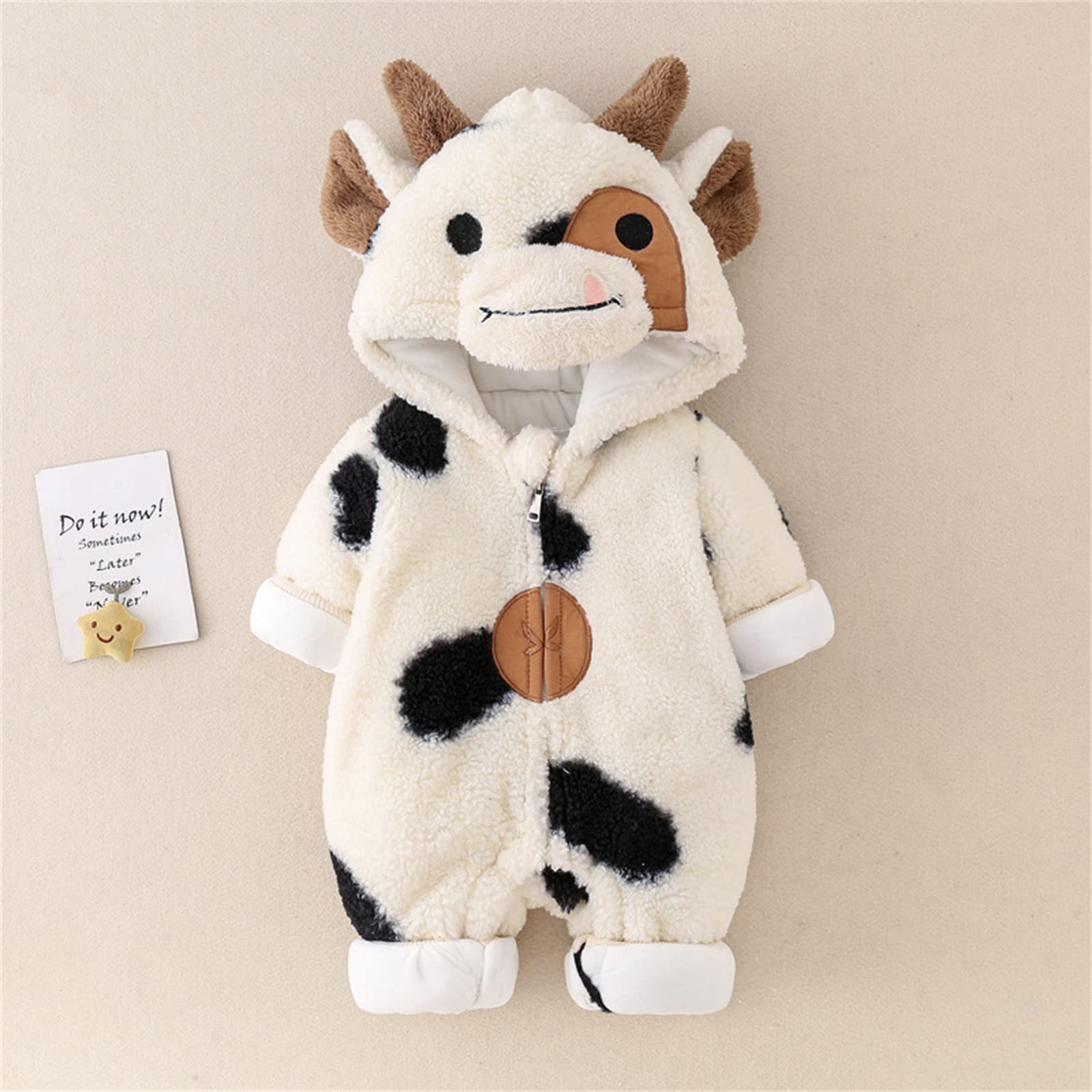 Baby Mädchen Jungen Tier Kostüm Winter Plüsch Overall Langarm Cartoon Cow Print Zipper Hooded Strampler Halloween Baby Kostüme Kleinkind Onesie (Beige, 12-18 Months)