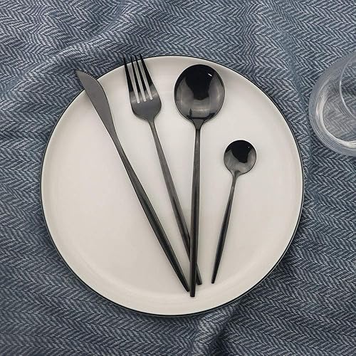 Miniatura 4 de JASHII Juego de cubiertos de acero inoxidable de 8 piezas, color negro pulido con espejo, cuchara de sopa para 8 personas, apto para lavavajillas