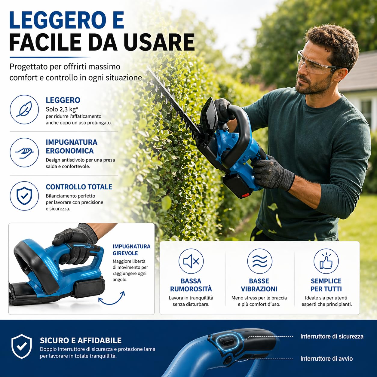 Tagliasiepi a Batteria 48V, Senza Fili, Lama 55cm, 2 Batterie Incluse, Autonomia Fino a 60 Minuti, Tagliasiepi Elettrico Potente e Leggero per Giardino e Siepi