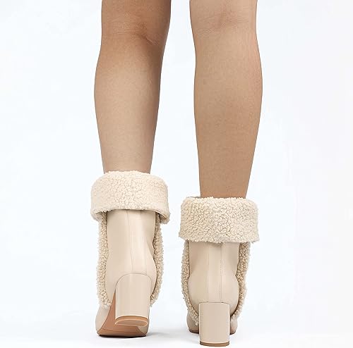 Miniatura 7 de Botas de invierno con forro de piel sintética para mujer tacón medio grueso botas cortas y cálidas sin cordones punta puntiaguda botines al tobillo