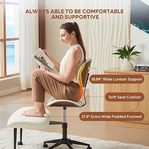 Miniatura 4 de Bestier Silla de oficina con patas cruzadas con soporte de respaldo de madera curvada más ancho, silla de oficina ergonómica de meditación para