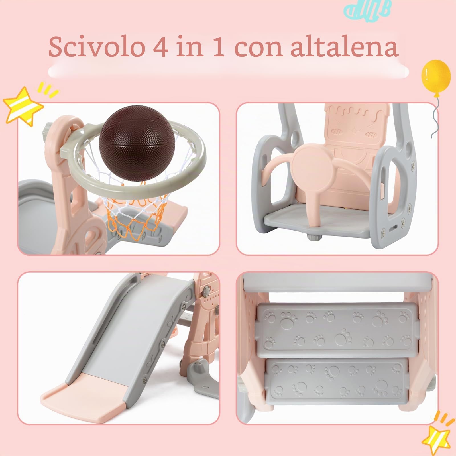 Scivolo per bambini 4 in 1, scivolo da giardino per esterni per bambini altalene e scivoli per bambini con cestino scivolo per bambini interno, set di scivolo e altalena per bambini Slide Outdoor