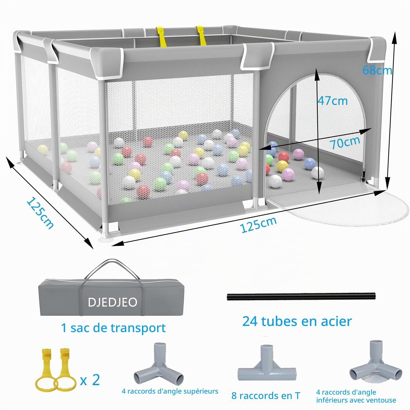 Parc Bebe, 125cm Parc Bébé Pliable avec Maille Douce Respirante, Parc Enfant avec Base Antidérapante et Porte Zippée, Espace d'activités pour Enfants Intérieure et Extérieure, de 0 à 6 Ans