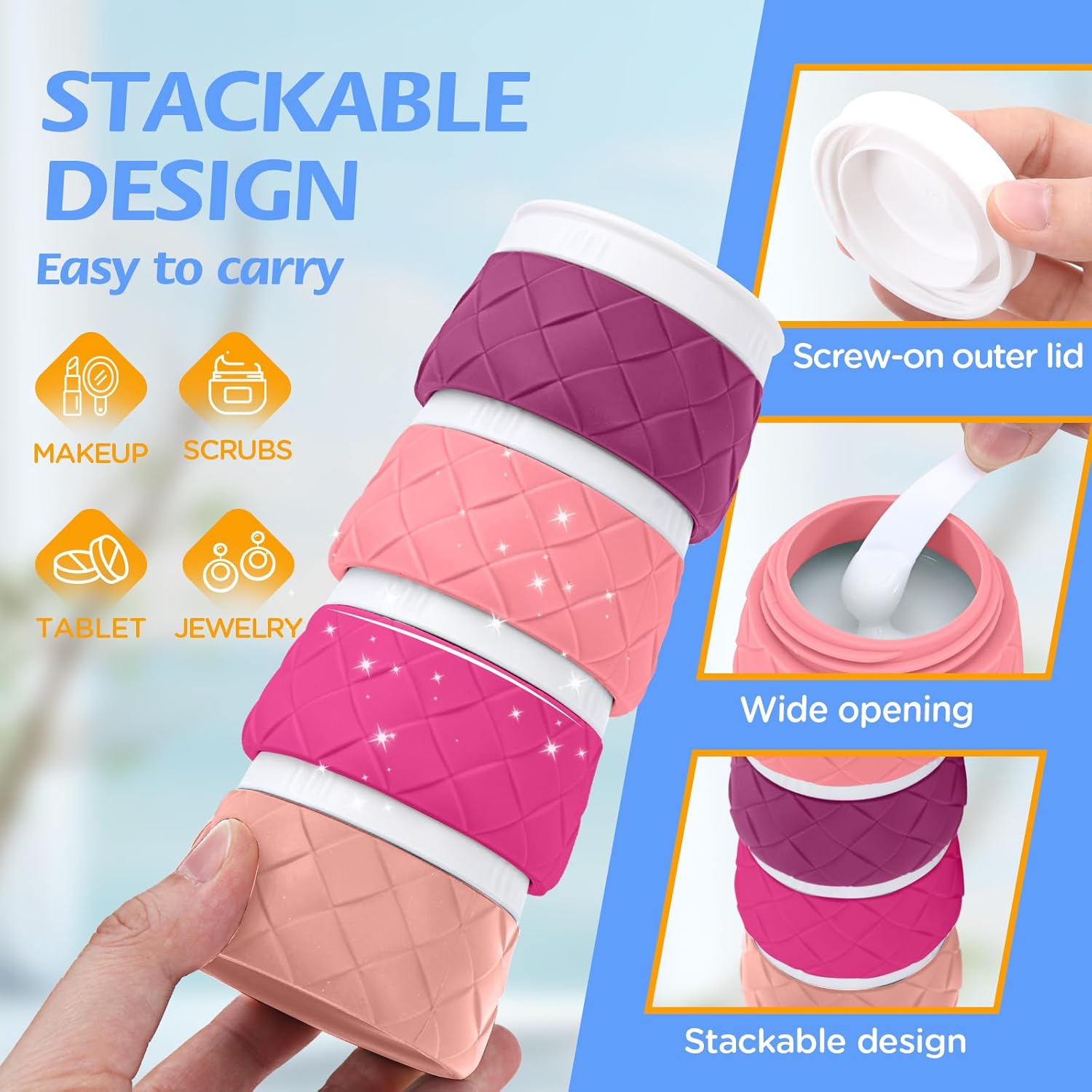 16 Pack Travel Bottles for Toiletries, TSA Approved Travel Size Toiletries Containers Set BPA-Free Silicone Leak Proof Refillable Bottles Stackable Creams Jars Accessories Kit W/Clear Bag Purplish Red - Image 5