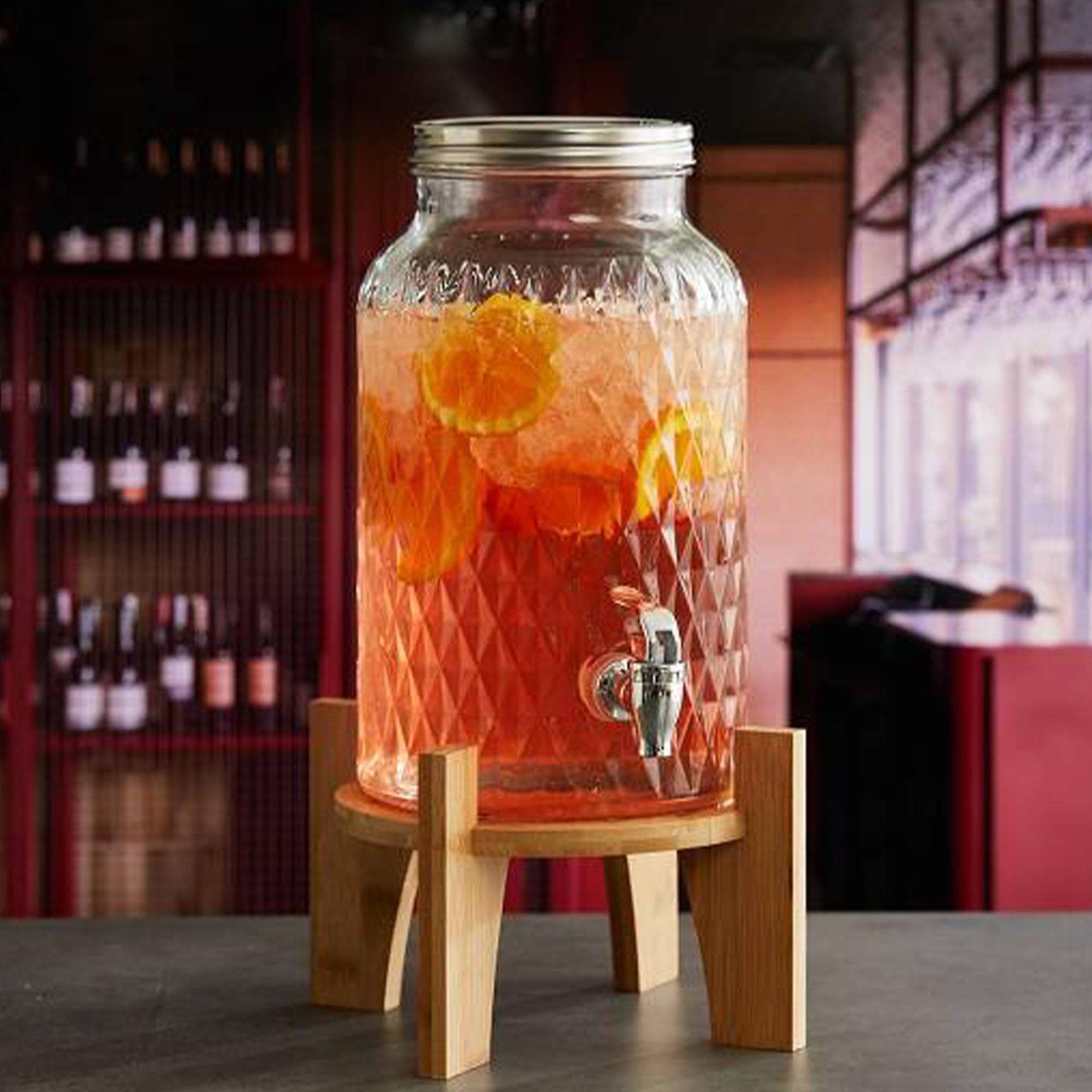 MAQA Dispenser per bevande in vetro con rubinetto, coperchio e supporto in faggio - adatto per acqua, bevande calde e fredde - dispenser da 5,6L