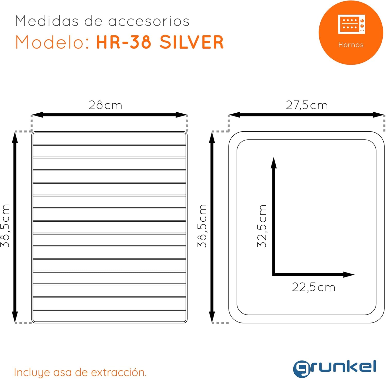 FORNO ELETTRICO MULTIFUNZIONE 38 LITRI CON 2000W DI POTENZA E FINO A 230° DI TEMPERATURA MODELLO HR-38 SILVER [Classe di efficienza energetica C]
