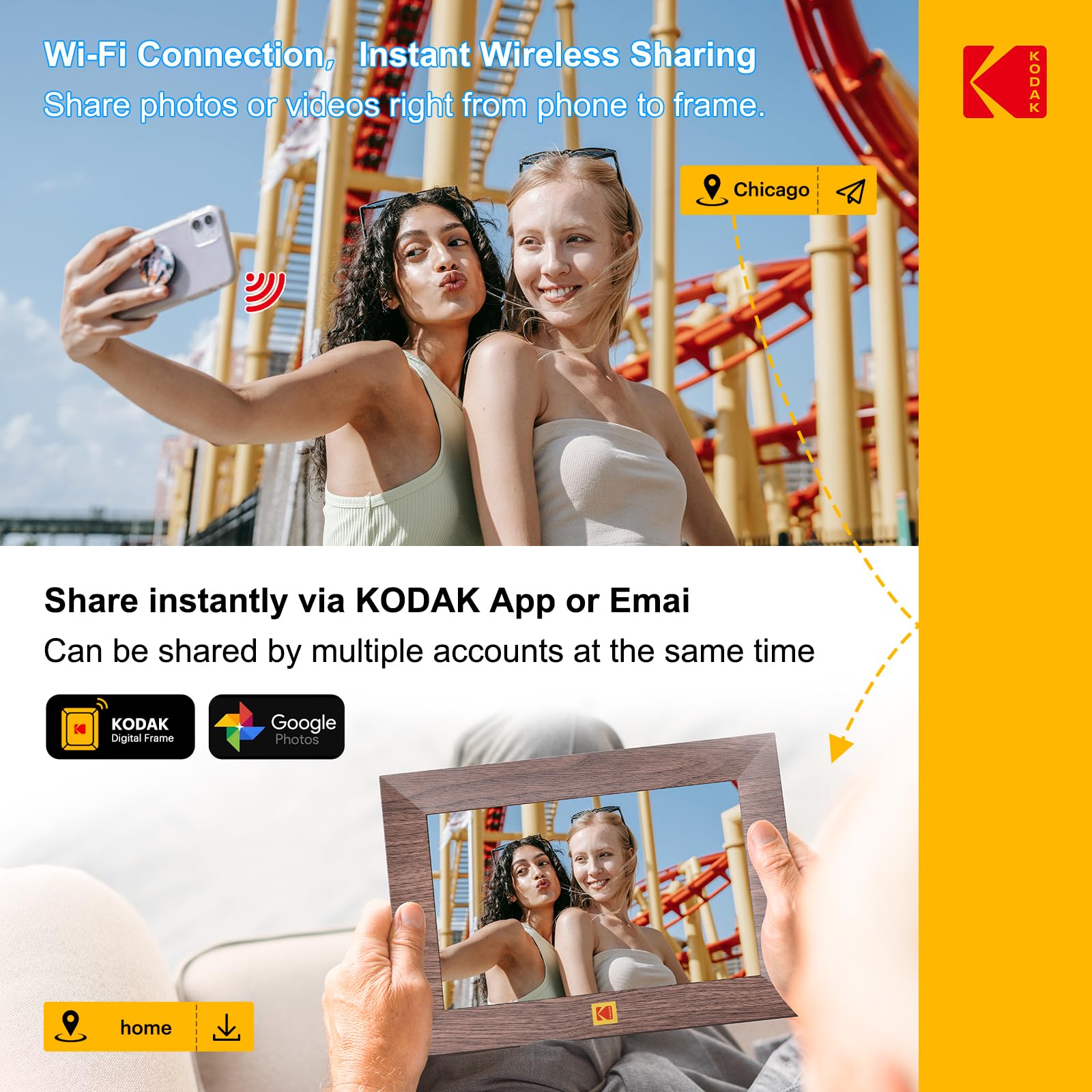 KODAK Marco de fotos digital WiFi de 8 pulgadas, marco de fotos digital de visualización táctil IPS HD de 1280 x 800 con almacenamiento de 32 GB, fácil configuración para compartir fotos o videos al