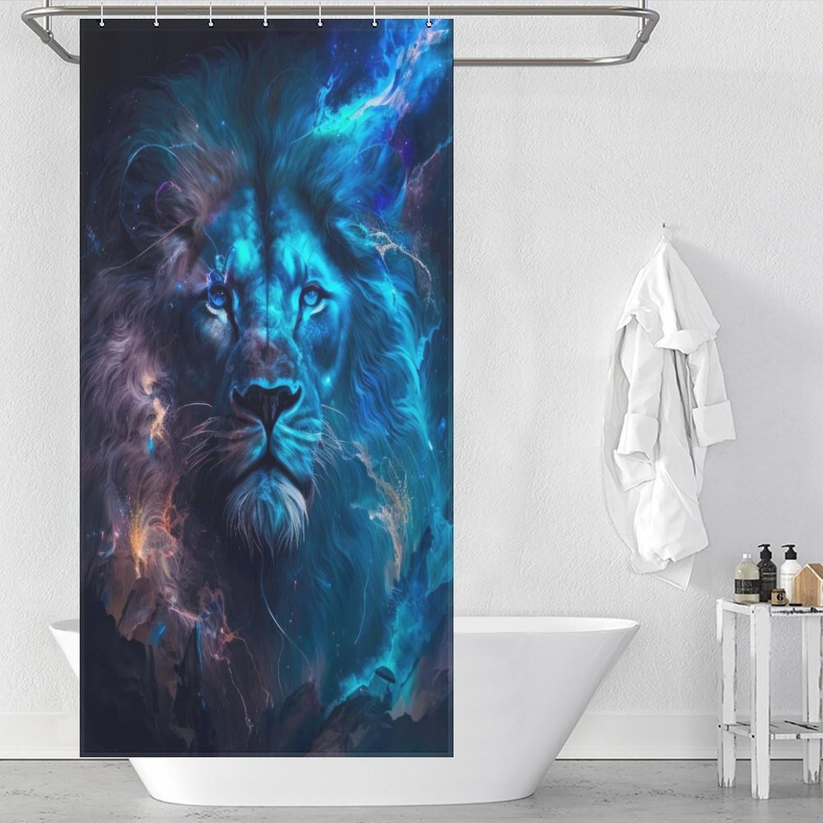 Rideau de douche imperméable séchage rapide motif lion céleste lavable 12 crochets