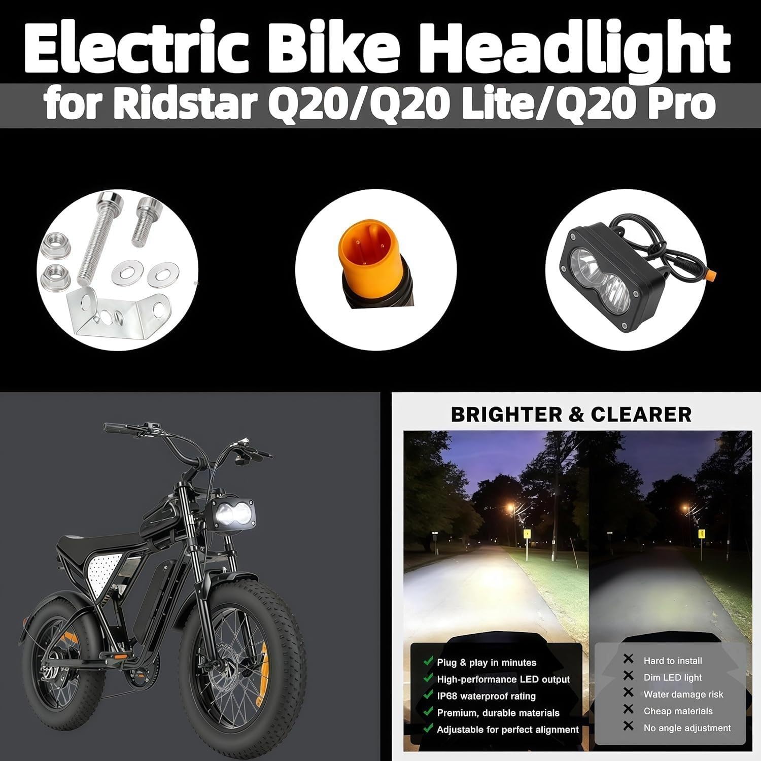 Phare de vélo électrique de style Baja for Ridstar Q20,luminosité 6800 K, tension large de 10 V à 80 V, 30 W tout en aluminium tout-terrain(White light (extension cord))
