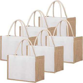 TopTie 6 Pcs Jute Burlap Tote Bags with Handles Reusable Grocery Bags for Bridesmaid Wedding Shopping DIY