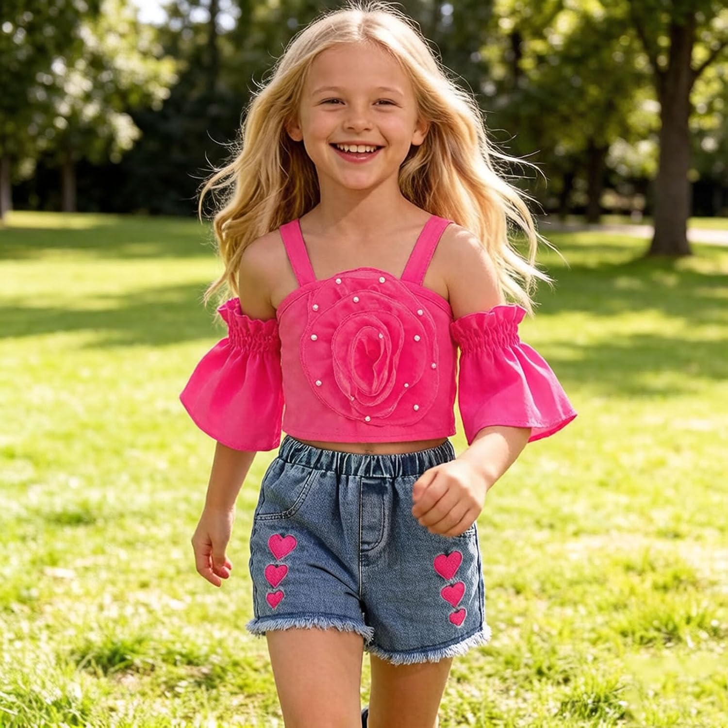 Girls 3D Floral Clothing Set Off Shoulder Rhinestone Strappy Top Heart Embroidery High Elastic Shorts with Pocket