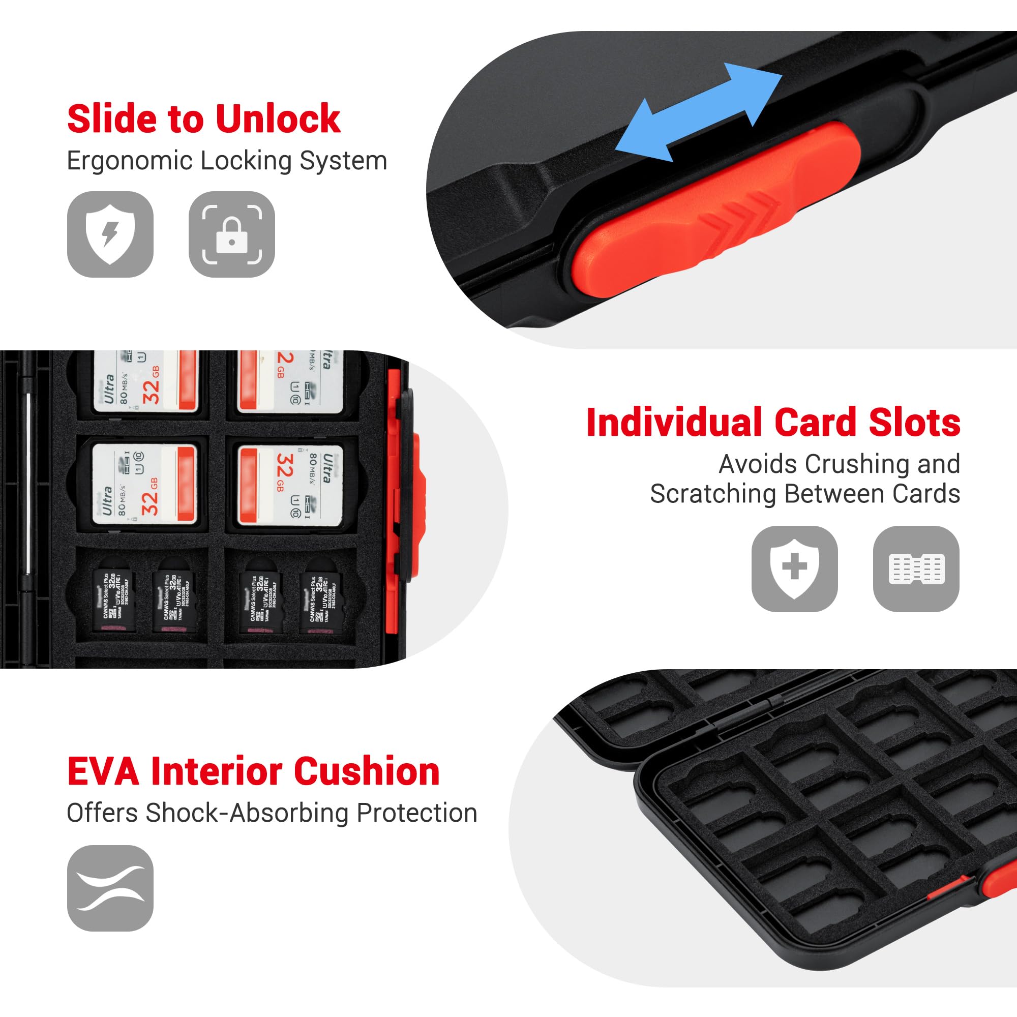 Custodia per schede di memoria pop up, 60 slot per schede di grande capacità, per 20 schede SD, SDHC, SDXC e 40 schede Micro SD, SDHC, SDXC, TF, organizer portatile sottile con interno in schiuma EVA