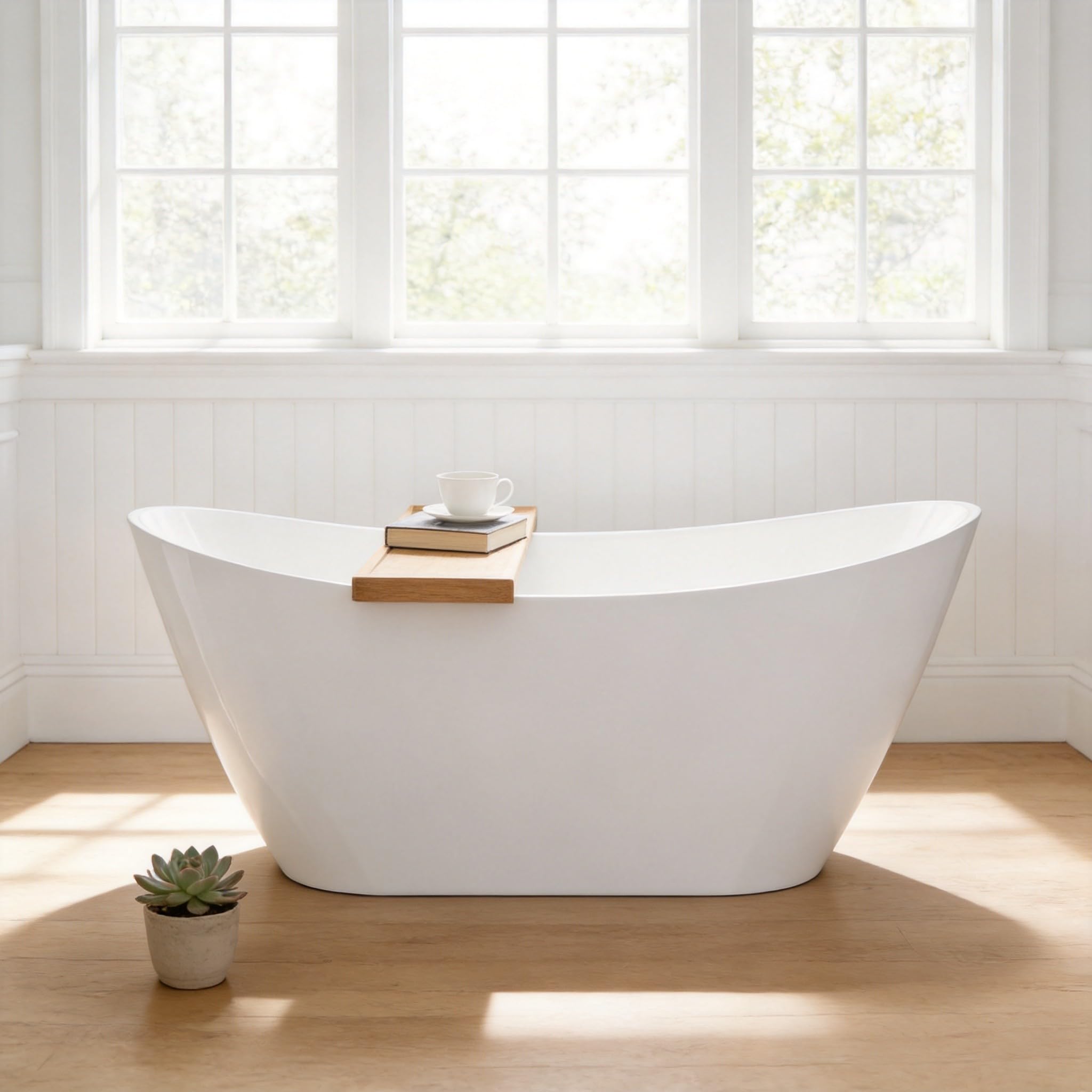 Freestanding Bathtub 59 Inch Acrylic Soaking Tub, Oval White Stand Alone Bathtub with Chrome Drain and Overflow, Modern Freestanding Tub for Home Spa or Bathroom Remodel