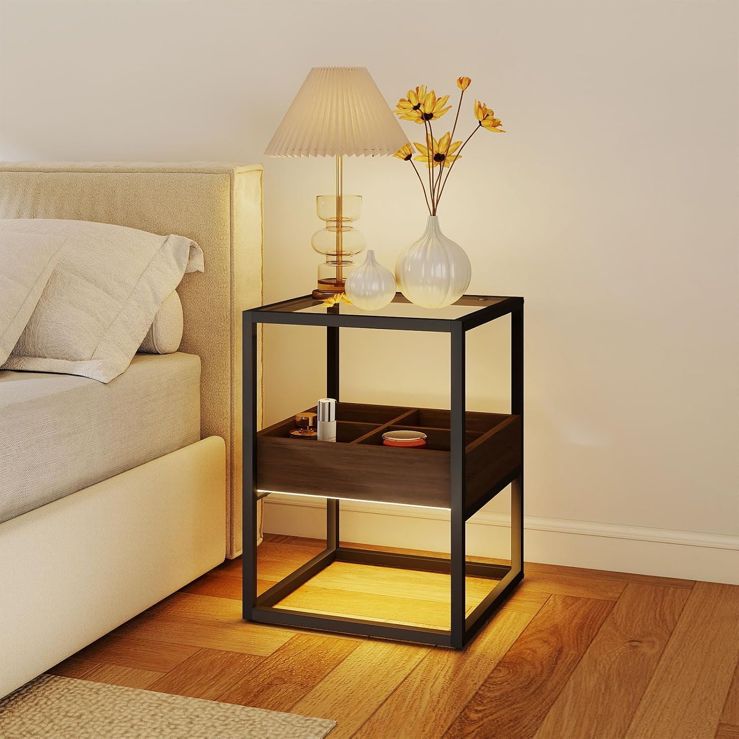 Clear Tempered Glass Top Nightstand with 4-Grid Divided Storage