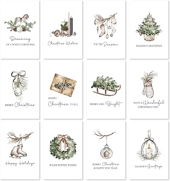 24 Pack Modern Rustic Christmas Cards with Envelopes, Boxed 12 Minimal Designs Holiday Cards with Messages Inside, Ideal for Kids, Adults, Friends, Family, Coworkers, 4x6in